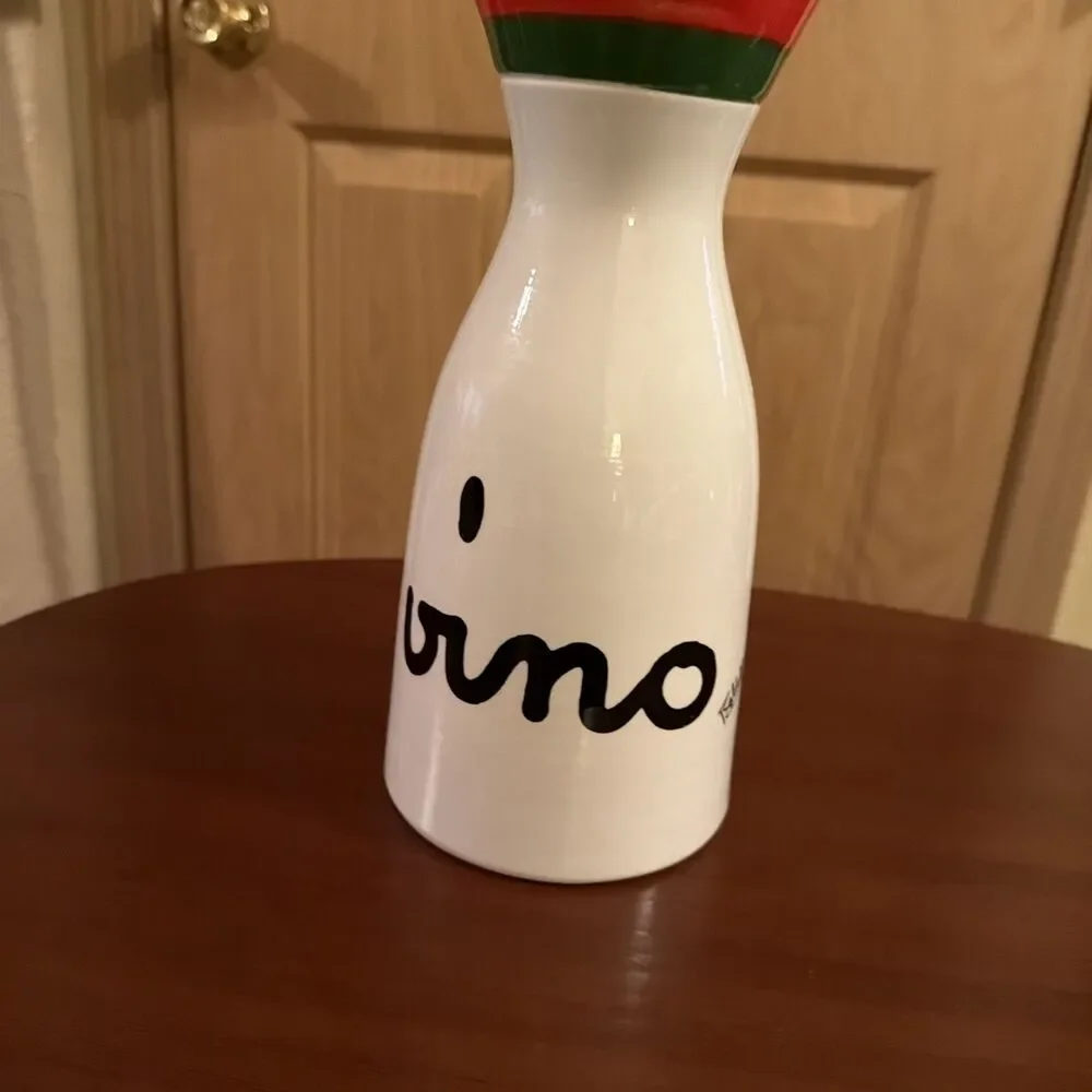 VTG Baldelli Ceramic Pitcher Carafe Vino White Red Green Stripe Wine. Italy. 10”